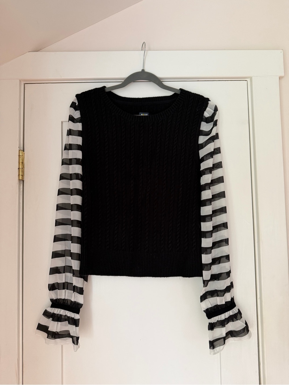 Maeve Black Sweater Vest with Black & White Striped Sheer Sleeves